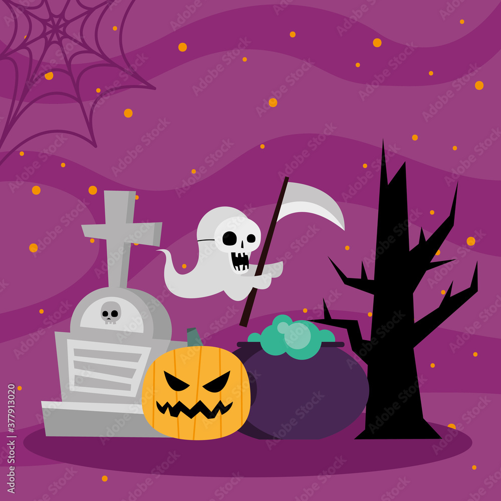 Halloween pumpkin ghost witch bowl and tree vector design