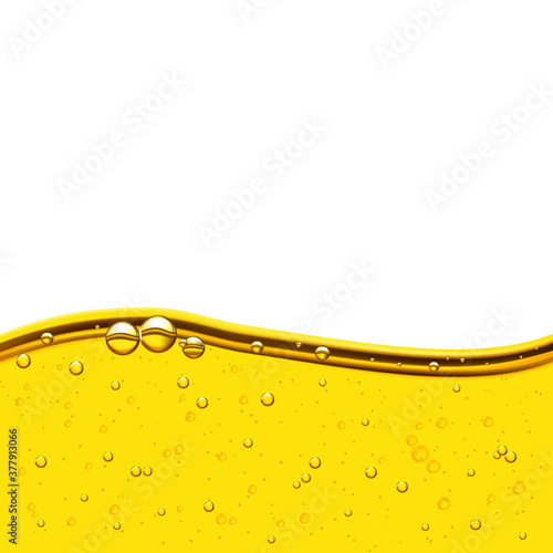 Wave of sunflower, olive oil, air bubbles in yellow liquid, carbonated drink.