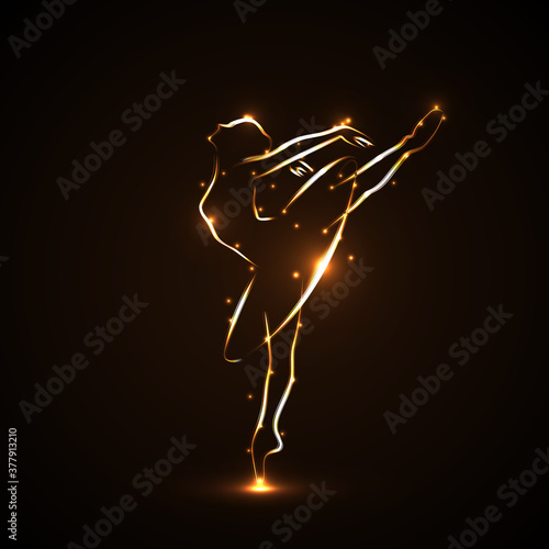 Silhouette of ballerina, dancers in movement on pointe and tutu. Drawn by hand with a tracings of golden color with light on a black background. Both arms and a leg lifted up. Vector. Icon.