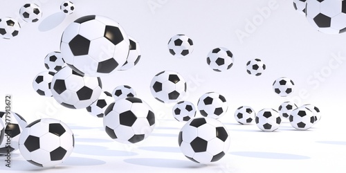 Sport equipment for minimal football team concept.soccer Multiple balls on white background. 3d rendering  