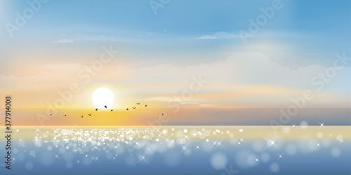 Dramatic sunset with sky line in orange, yellow and pink with birds flying background,Vector illustration beautiful nature of landscape seaside in evening for Summer holiday