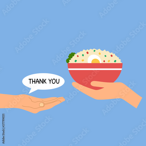 Food donation concept vector illustration. Woman hand sharing a bowl of rice to people in flat design. Time for charity. Meal sharing.