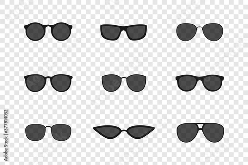 Sunglasses with transparent lenses. Set of sunglasses isolated on a transparent background. Various shapes. Summer fashion accessory.