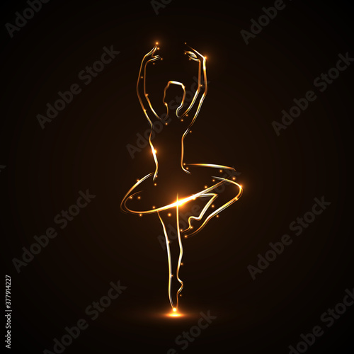 Silhouette of ballerina, dancers in movement on pointe and tutu. Drawn by hand with a stroke of golden color with light on a black background. Both hands are raised up, one leg bent. Vector.
