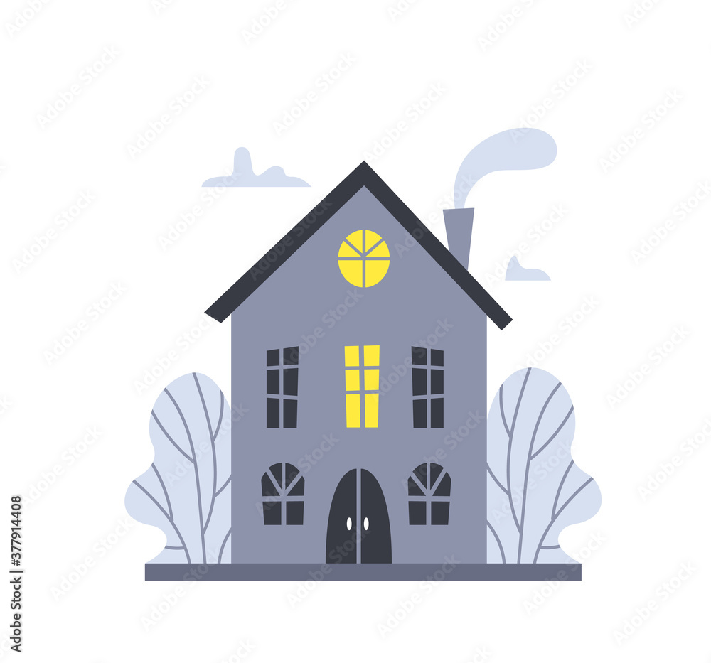 Gray cozy house in the woods. Light in the window . Cozy atmosphere, Scandinavian style.Fall landscape of cartoon style. Lonely house in forest landscape in flat design. Gray cozy house in the woods. Light in the window . Cozy atmosphere, Scandinavian style.Fall landscape of cartoon style. Lonely house in forest landscape in flat design.