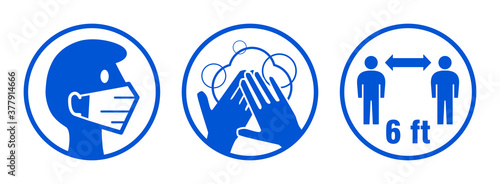 Set of Round Basic Coronavirus Covid-19 Measure Icons including Wear Face Masks, Wash Your Hands, and Keep Your Distance 6 ft or 6 Feet. Vector Image.
