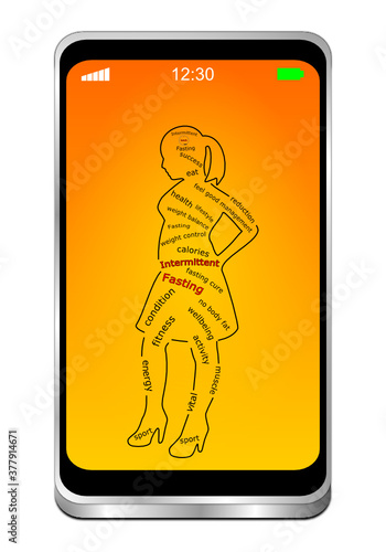 Smartphone with Intermittent Fasting Wordcloud on a female silhouette – 3D illustration