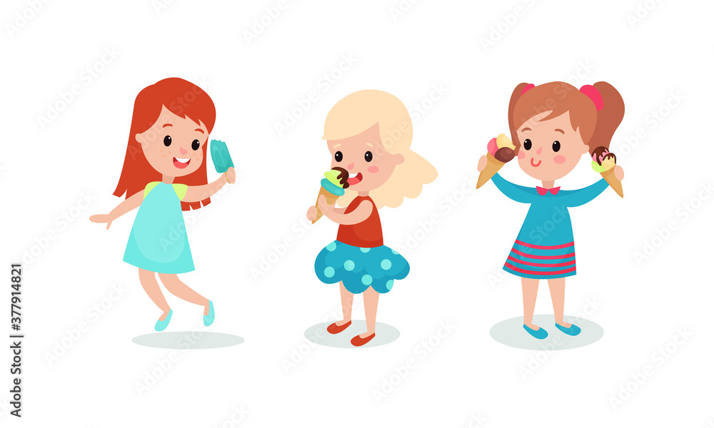 Happy Girls Eating Tasty Ice Cream Vector Illustration Set Happy Girls Eating Tasty Ice Cream Vector Illustration Set