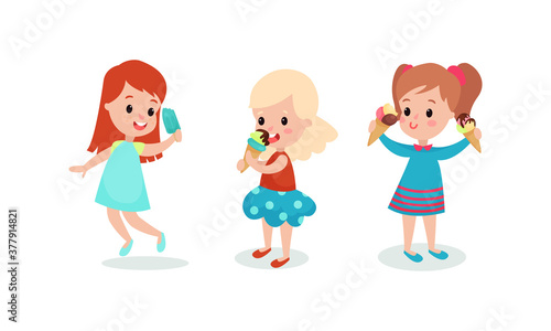 Happy Girls Eating Tasty Ice Cream Vector Illustration Set