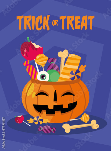 Trick or treat candies inside pumpkin vector design