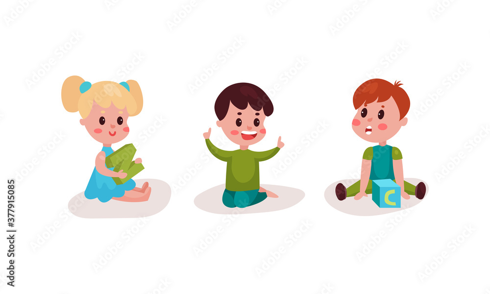 Little Kids Sitting on Floor and Playing with Alphabet Blocks Vector Illustration Set Little Kids Sitting on Floor and Playing with Alphabet Blocks Vector Illustration Set