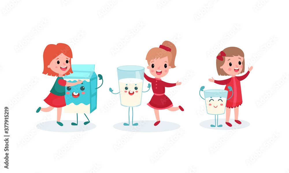 Happy Girl Characters Playing with Humanized Milk Carton and Glass Vector Illustration Set Happy Girl Characters Playing with Humanized Milk Carton and Glass Vector Illustration Set