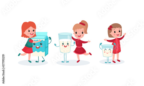 Happy Girl Characters Playing with Humanized Milk Carton and Glass Vector Illustration Set
