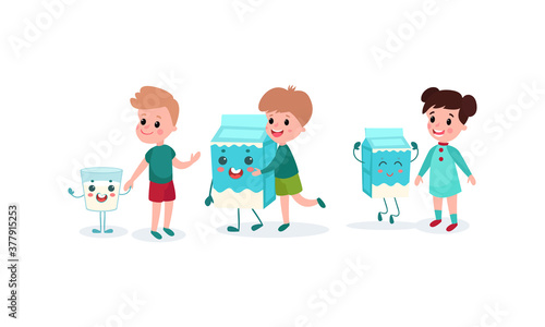 Cute Boy and Girl Characters Playing with Humanized Milk Carton and Glass Vector Illustration Set
