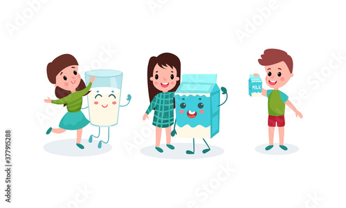 Cute Boy and Girl Characters Playing with Humanized Milk Carton and Glass Vector Illustration Set