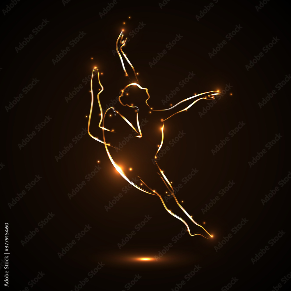Obraz premium Dancer is dancing gracefully. Silhouette of a ballerina in a jump in traffic. Theatrical performance. The abstract image of a ballerina with gold contour with light flares on dark, black background.
