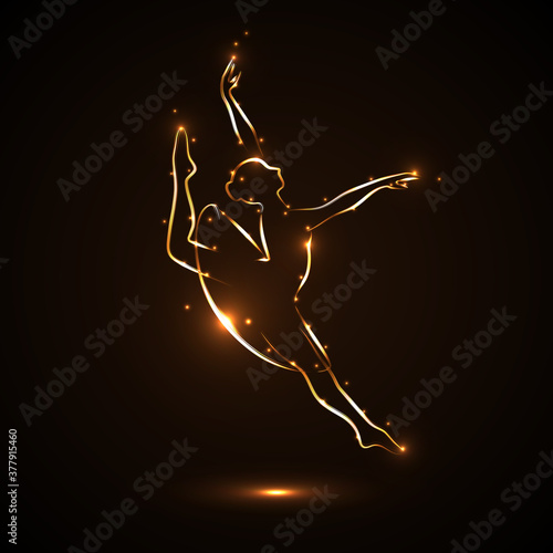Dancer is dancing gracefully. Silhouette of a ballerina in a jump in traffic. Theatrical performance. The abstract image of a ballerina with gold contour with light flares on dark, black background.