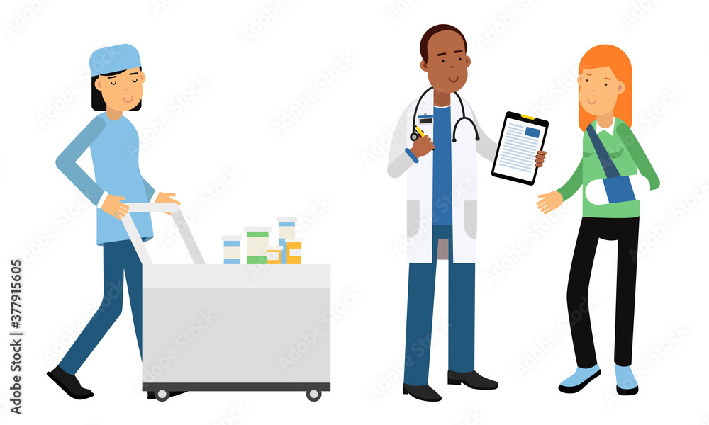 Man Doctor Wearing White Coat Seeing Patient and Nurse Pulling Trolley with Medicines Vector Illustrations Set