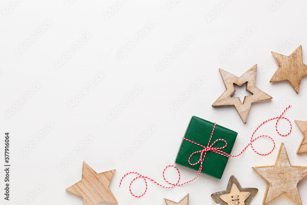 Christmas composition. Christmas decorations on white background. Flat lay, top view