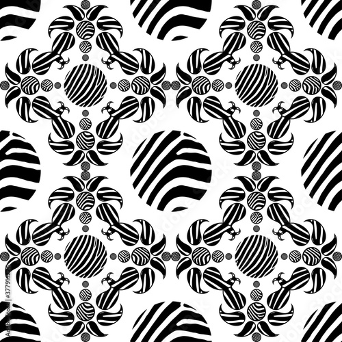 Paisley ornament. Texture with Zebra stripes. Black-white. Seamless background. Ikat. Vector illustration for web design or print.
