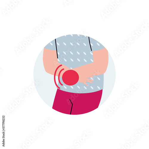 Medical icon or symbol of stomach or internal organs ache, cartoon vector illustration isolated on white background. Man feeling abdomen pain and holding hands on belly.