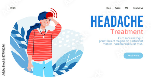 Headache treatment medical website with woman suffering from head pain or migraine, cartoon vector illustration. Health and treatment of cerebrovascular disease.