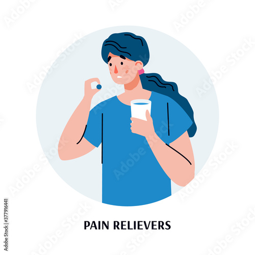 A sick woman holds a glass of water and takes pain relievers pills. Concept of medical and pharmacy care. Flat cartoon vector illustration isolated on a white background.