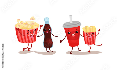 Kawaii Coke Jumping with Popcorn and French Fries Vector Set