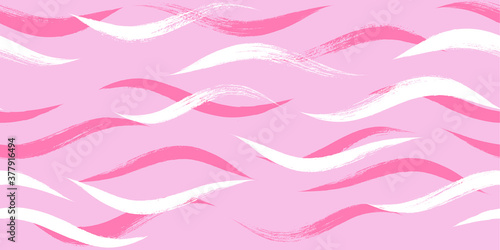 Seamless Wave Pattern, Hand drawn pink sea modern vector background. Wavy beach brush stroke, curly grunge paint lines, girly watercolor illustration