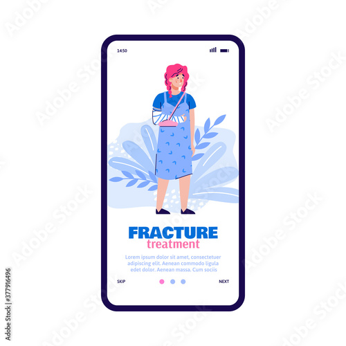Woman with broken arm standing web boarding page for mobile phone application. Fracture treatment concept, flat cartoon vector illustration white background