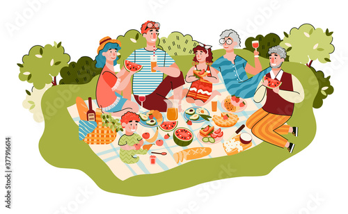 Family of parents, children and grandparents generations having picnic outdoors, cartoon vector illustration isolated on white background. Family joint meal on nature.