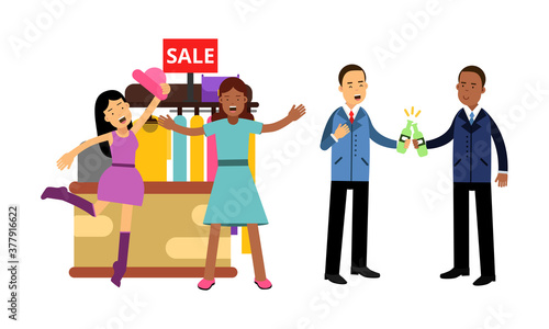 Woman and Man Doing Shopping and Drinking Beer Vector Illustration Set
