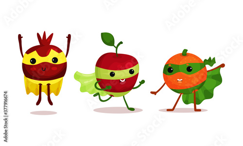 Funny Fruits Wearing Superhero Cloak Vector Illustration Set