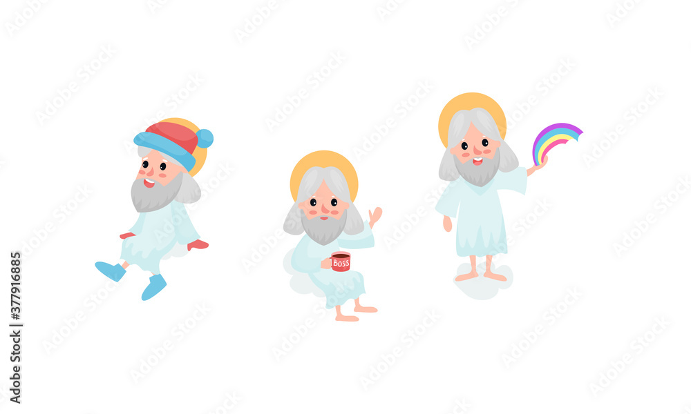 God Character Sitting on Cloud Drinking and Holding Rainbow Vector Illustration Set God Character Sitting on Cloud Drinking and Holding Rainbow Vector Illustration Set