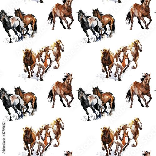 seamless pattern with horses. wild mustang watercolor illustration