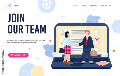 The hr manager welcomes the new employee. The male candidate is hired. Join our team. Vector flat illustration. Landing page template.