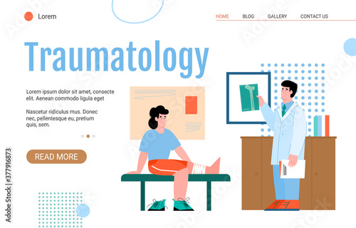 Website page for emergency surgery and traumatology with cartoon people in clinic or hospital, flat cartoon vector illustration. Trauma and injury treatment.