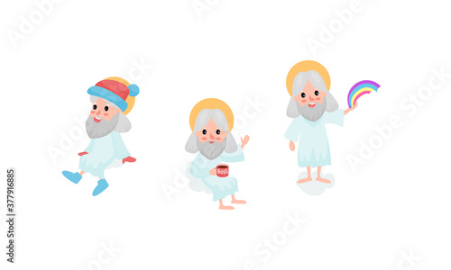 God Character Sitting on Cloud Drinking and Holding Rainbow Vector Illustration Set