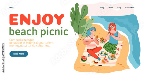 Young women had picnic on the sea beach on summer sunny day. Sisters or friends enjoy leisure, weekend or vacation. Vector cartoon illustration. Landing page template