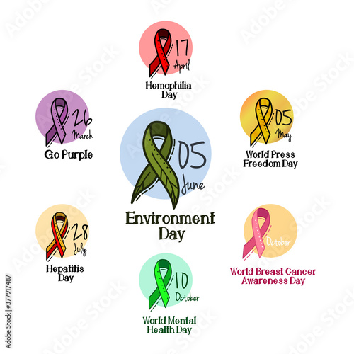 Different colored awareness ribbon collection. Set of colorful awareness ribbons regarding mental health, hemophilia and other conditions and disorders. Vector icon set isolated on white.