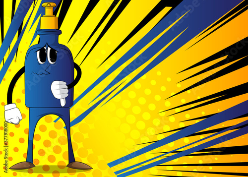Cartoon bottle of hand sanitizer gel for hygiene with face showing dislike hand sign, thumbs down.