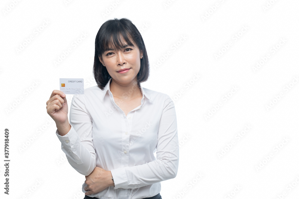 Working women with credit cards On a white background Working women with credit cards On a white background