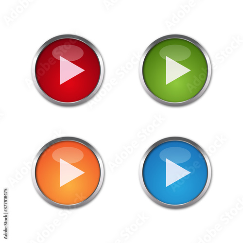 Free Download Vector Play Glossy Buttons Design set. 4 color Play Glossy icon Design set.Red, Blue, Green, and Orange Play Gossy Buttons Design - GFXLoad