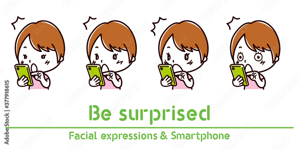 スマホを持った女性の表情のイラスト/驚く スマホを持った女性の表情のイラスト/驚く