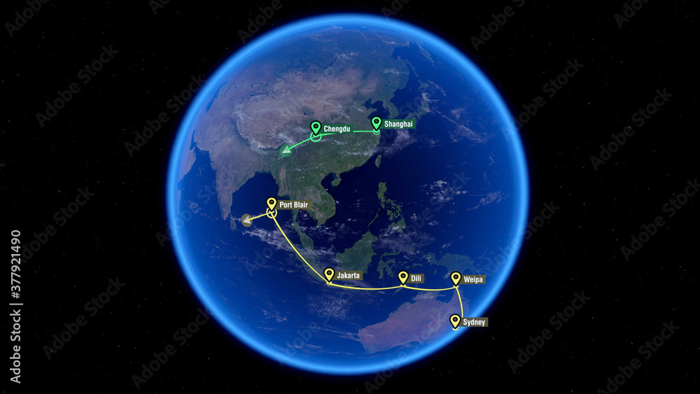 Global Communications - Destinations over Asia. City Names and Locations. Global Positioning System. Travellin, Localization, Gps Navigation, Path Finding All over the World. Routing. 3D Illustration.