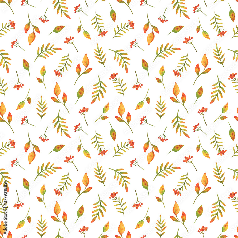 Clusters of autumn red berries and fallen leaves. Seamless pattern with watercolor illustrations on a white background. Small print for fabric, textile, paper and designs. Stock ornament with plants