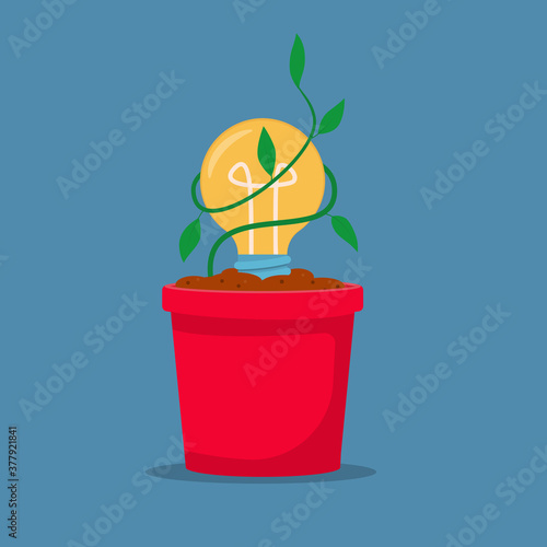 Flat vector illustration: concept of idea creation, creative process. A light bulb in a flower pot and a plant.