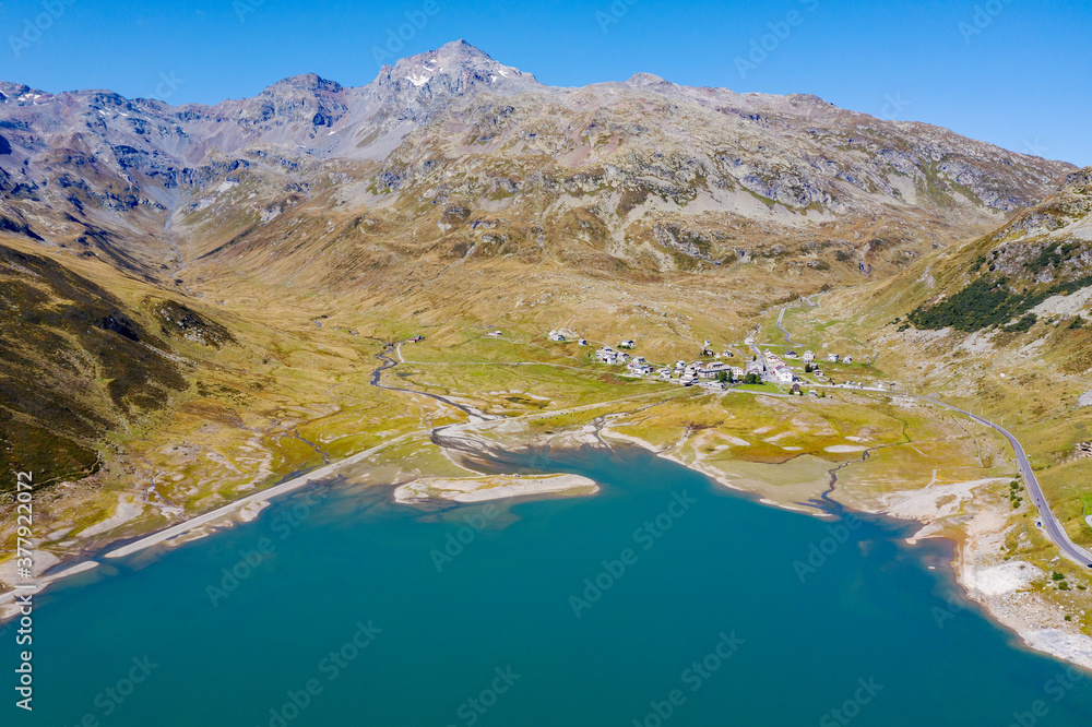 Montespluga, Italy, aerial view of the lake towards the Swiss border	