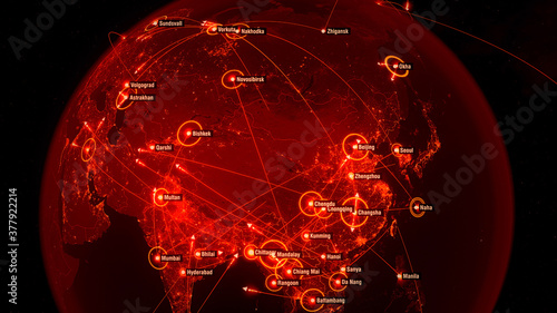 Global Communications over Asia. Arrows fly between Cities. Flight Paths. City Lights. City Names in English. Red Version. 3D Illustration.