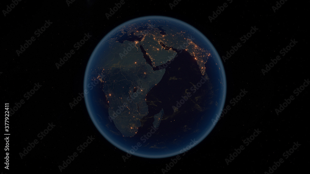 Earth at Night. 3D Illustration of Earth Bathed in City Lights at Night. City Lights of Europe, Asia and Africa. Country Borders.